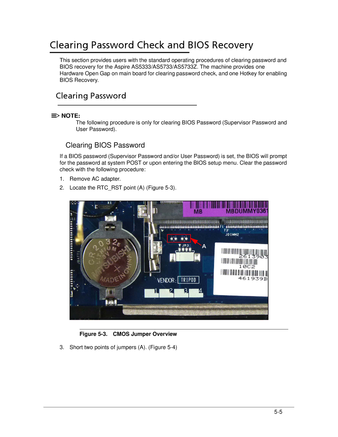 Acer AS5333 manual Clearing Password Check and Bios Recovery, Clearing Bios Password 