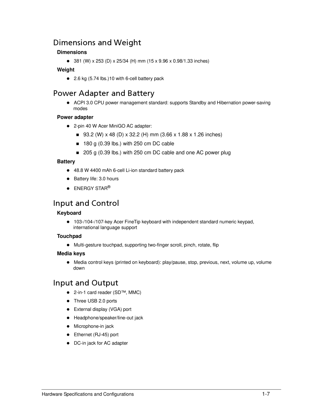 Acer AS5333 manual Dimensions and Weight, Power Adapter and Battery, Input and Control, Input and Output 