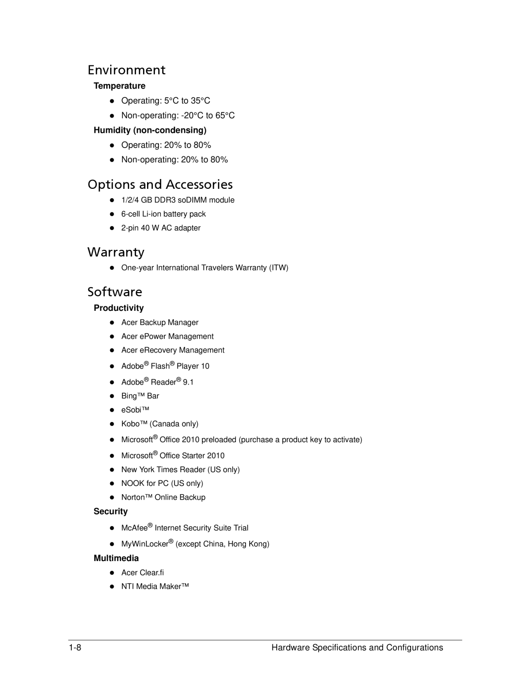 Acer AS5333 manual Environment, Options and Accessories, Warranty, Software 