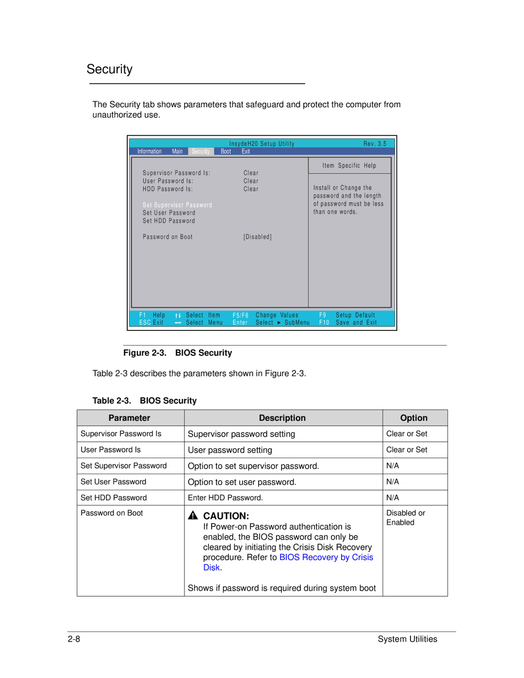 Acer AS5333 manual Bios Security Parameter Description Option 