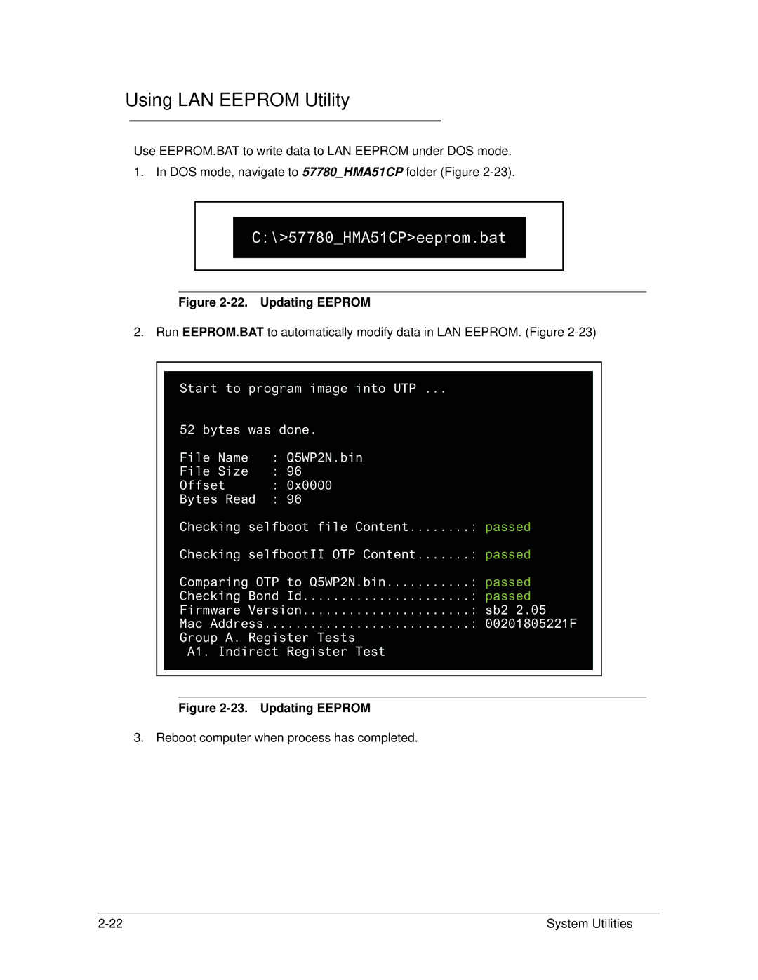 Acer AS5333 manual Using LAN Eeprom Utility, Updating Eeprom 