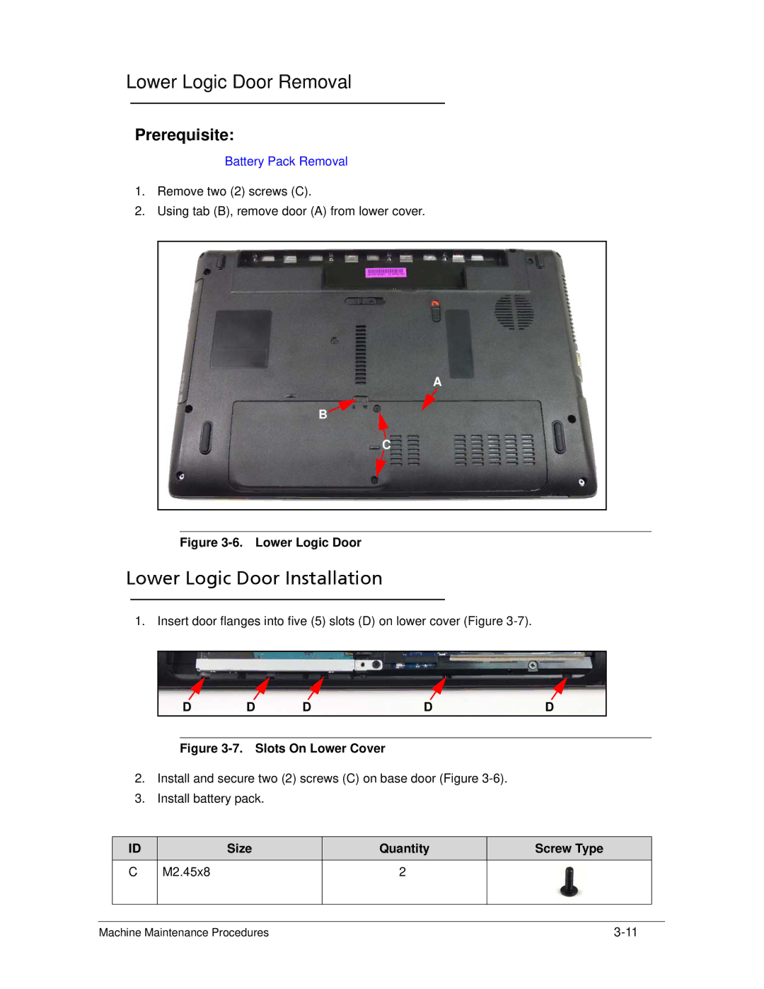 Acer AS5333 manual Lower Logic Door Removal, Lower Logic Door Installation, Ddd, Size Quantity Screw Type M2.45x8 