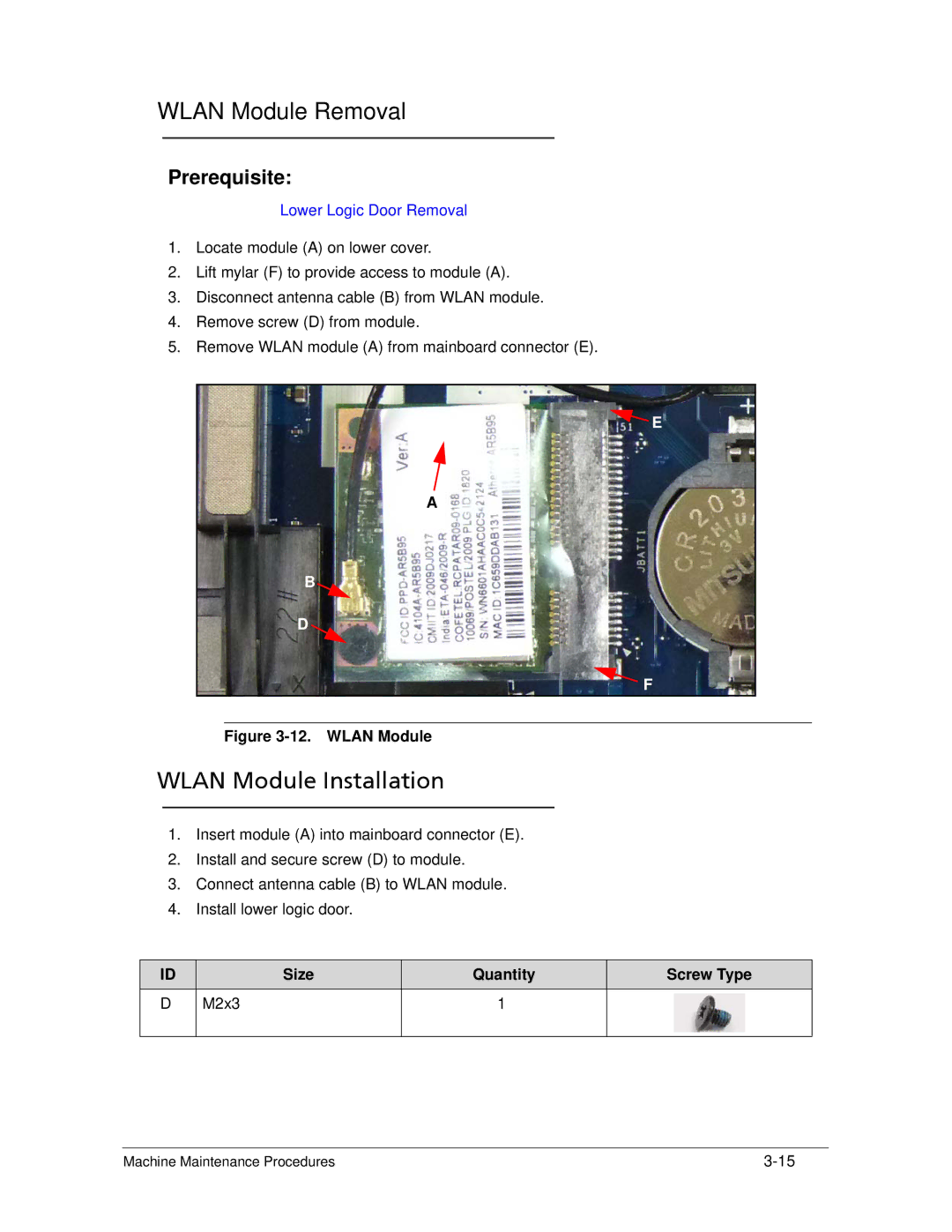 Acer AS5333 manual Wlan Module Removal, Wlan Module Installation, Size Quantity Screw Type M2x3 