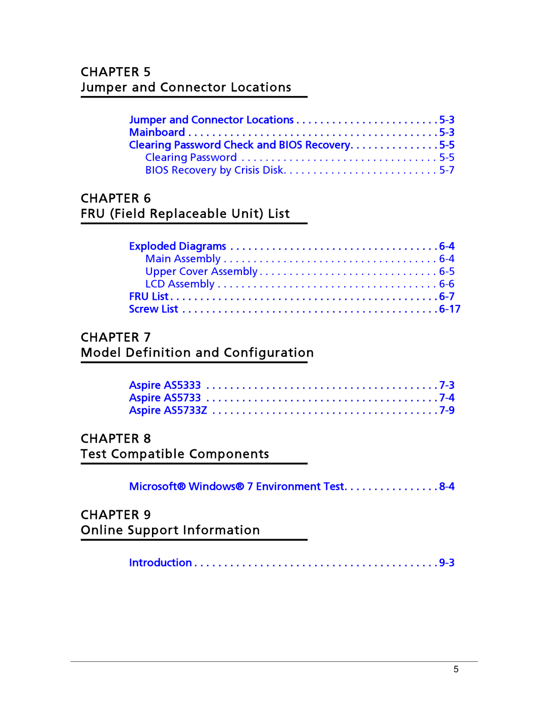 Acer AS5333 manual FRU Field Replaceable Unit List 