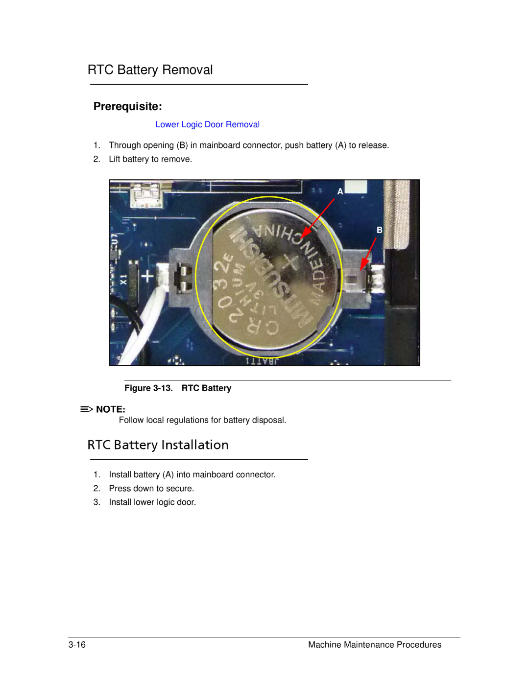 Acer AS5333 manual RTC Battery Removal, RTC Battery Installation 