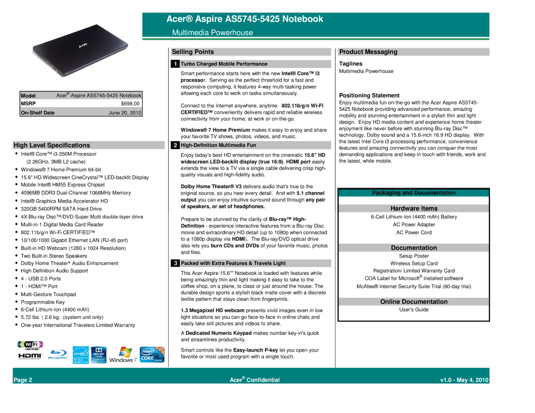 Acer AS5745-5425 manual High Level Specifications, Selling Points, Product Messaging, Hardware Items, Documentation 