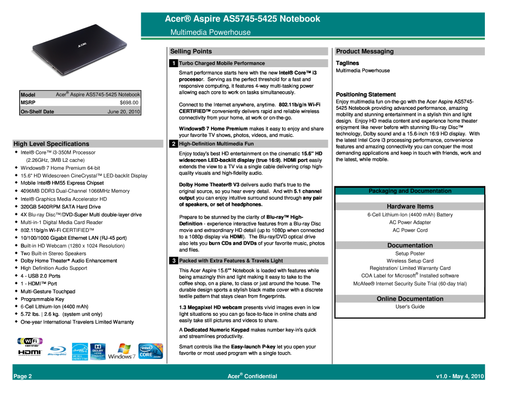 Acer Acer Aspire AS5745-5425 Notebook, Page, Acer Confidential, v1.0 - May 4, Multimedia Powerhouse, Selling Points 