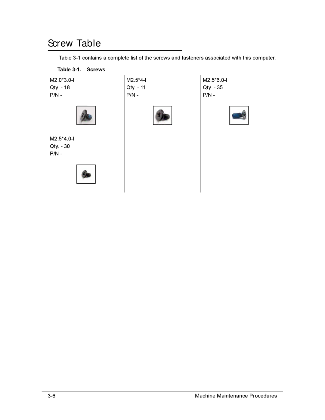 Acer AS8950G manual Screw Table, Screws 