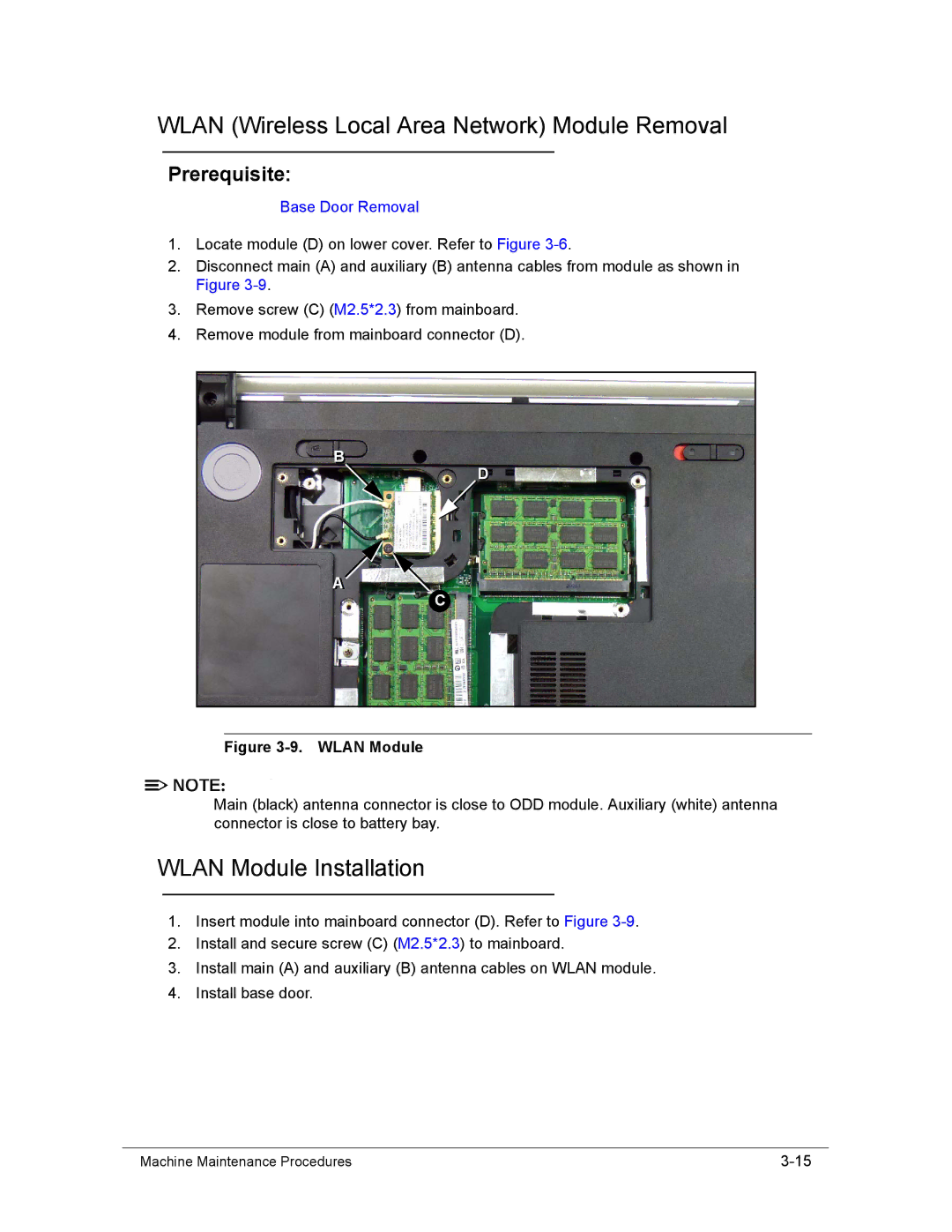 Acer AS8950G manual Wlan Wireless Local Area Network Module Removal, Wlan Module Installation 