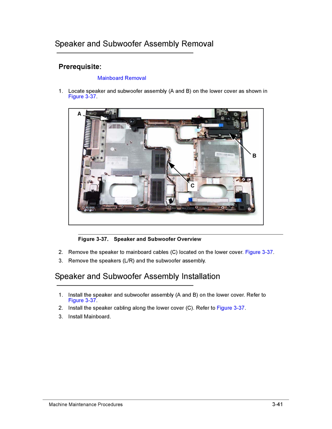 Acer AS8950G manual Speaker and Subwoofer Assembly Removal, Speaker and Subwoofer Assembly Installation 