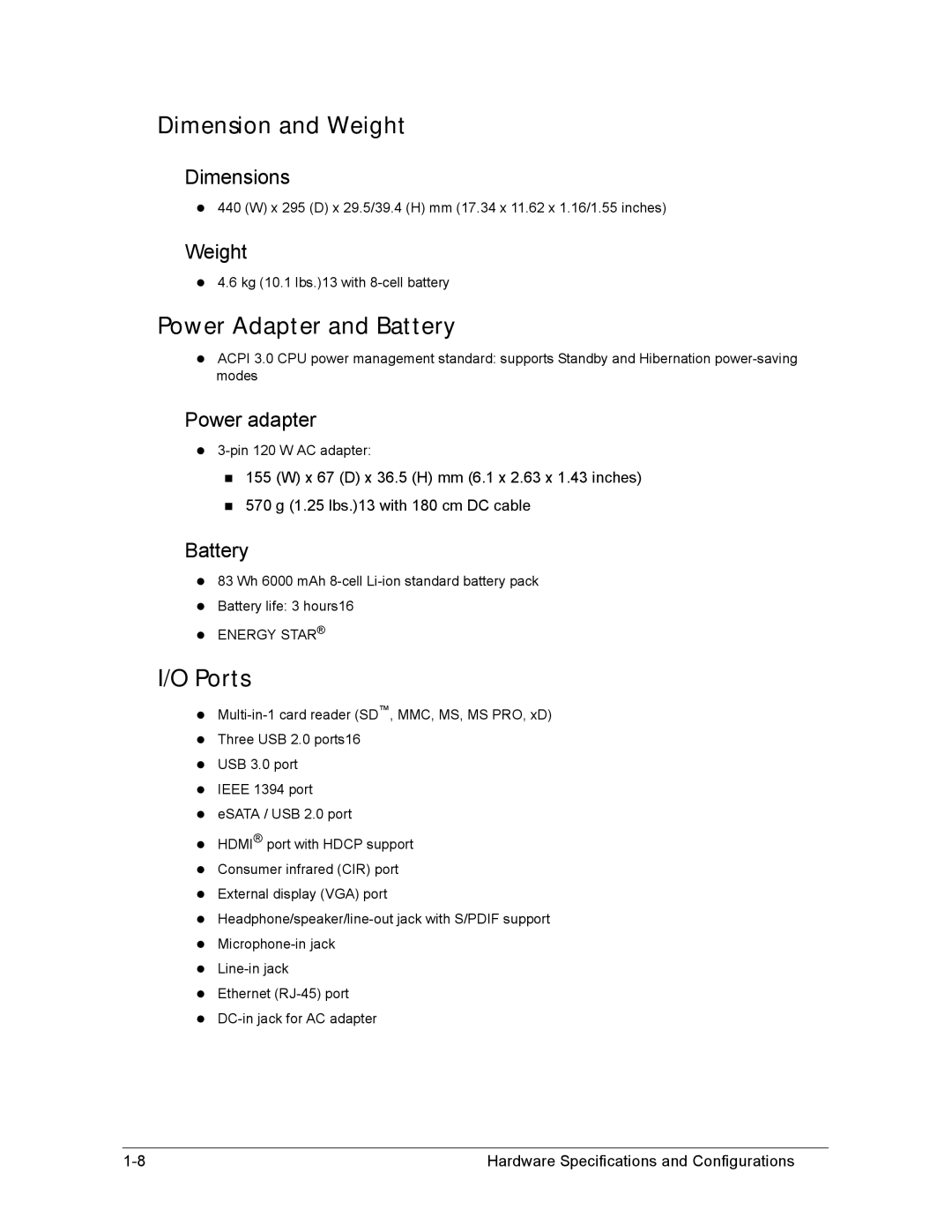 Acer AS8950G manual Dimension and Weight, Power Adapter and Battery, Ports 