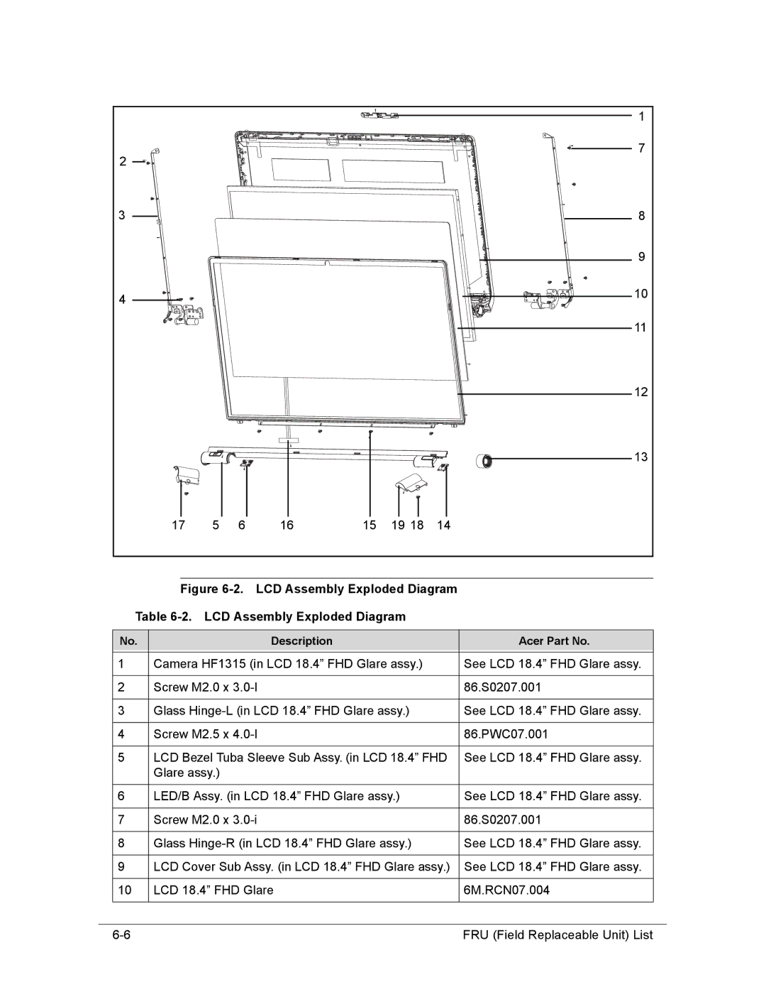 Acer AS8950G manual LCD Assembly Exploded Diagram 