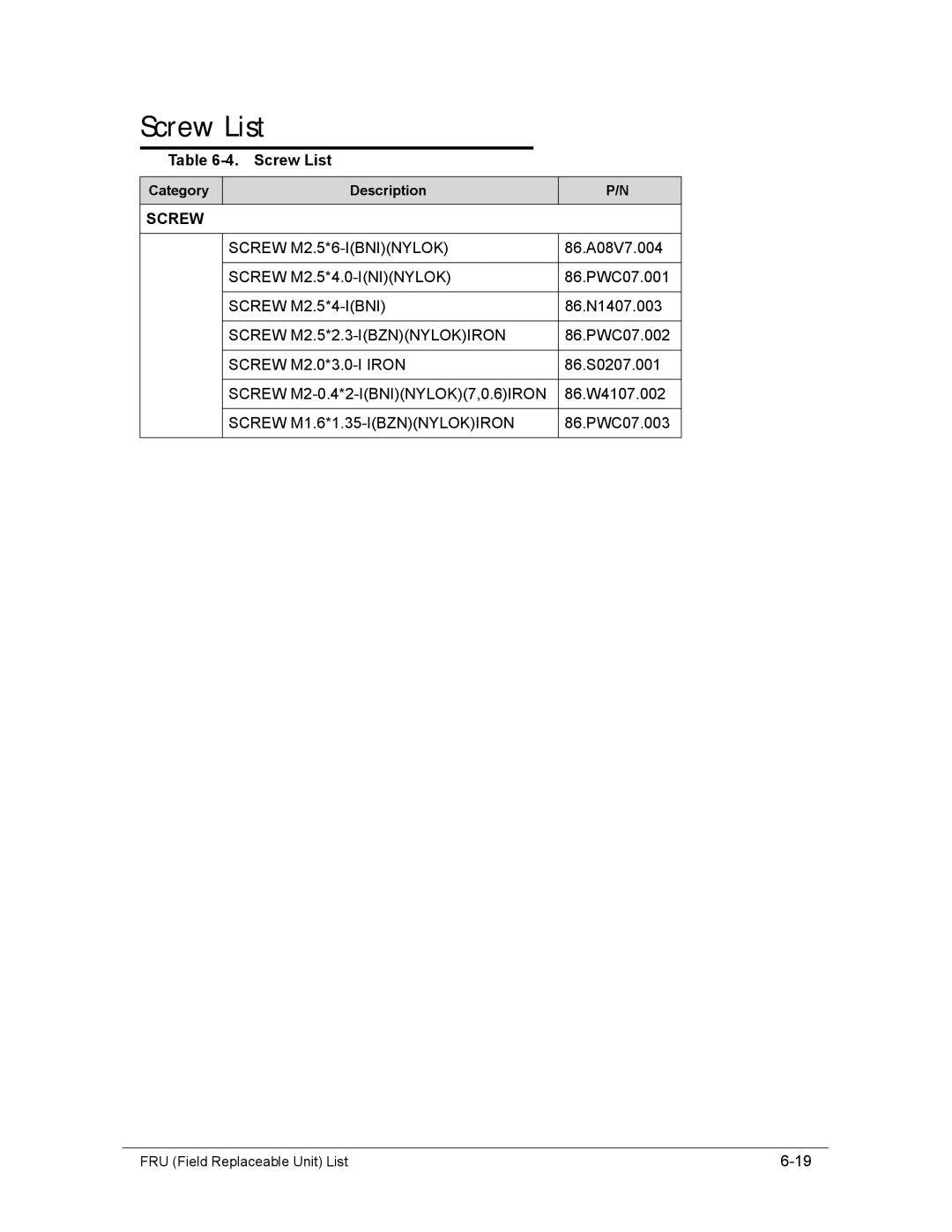 Acer AS8950G manual Screw List 