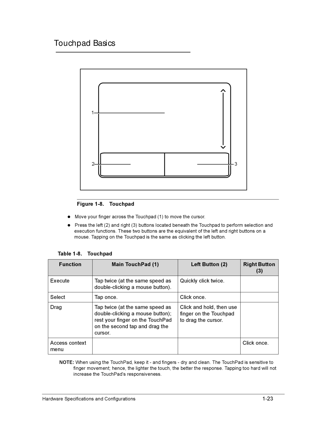 Acer AS8950G manual Touchpad Basics, Touchpad Function Main TouchPad Left Button Right Button 