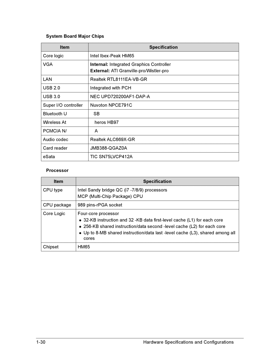 Acer AS8950G manual System Board Major Chips Specification, Processor Specification 