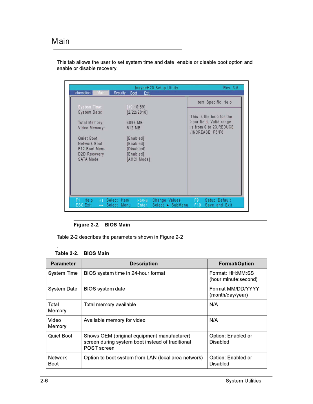 Acer AS8950G manual Bios Main Parameter Description Format/Option 