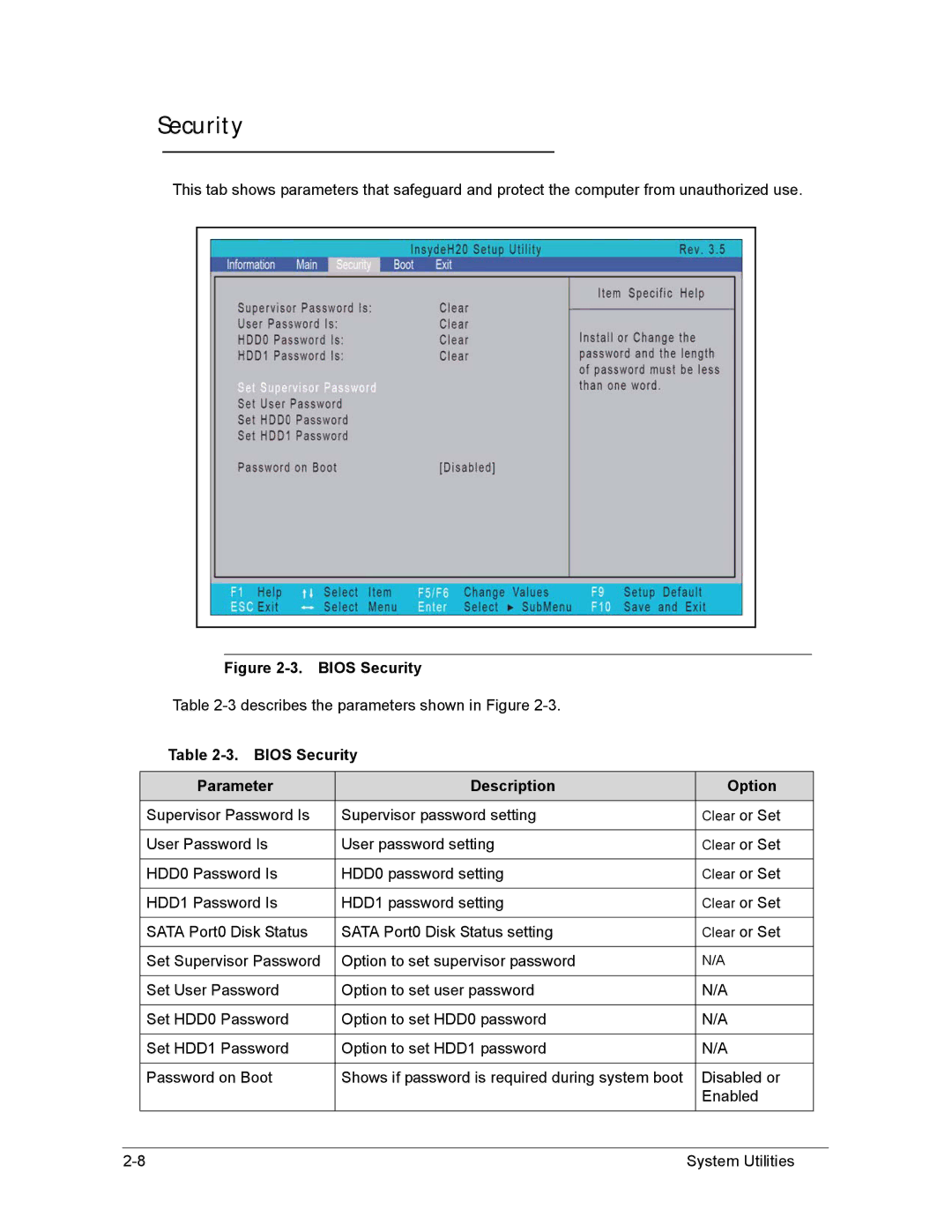 Acer AS8950G manual Bios Security Parameter Description Option 