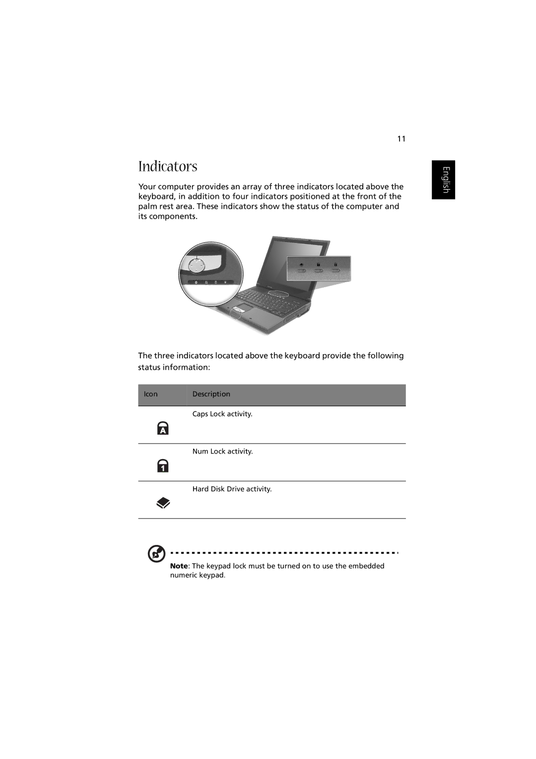 Acer Aspire 1350 manual Indicators 