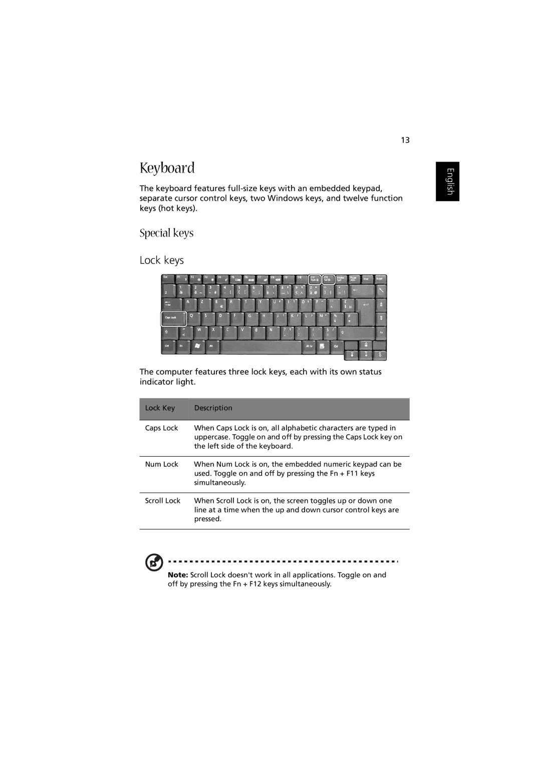 Acer Aspire 1350 manual Keyboard, Special keys, Lock keys 