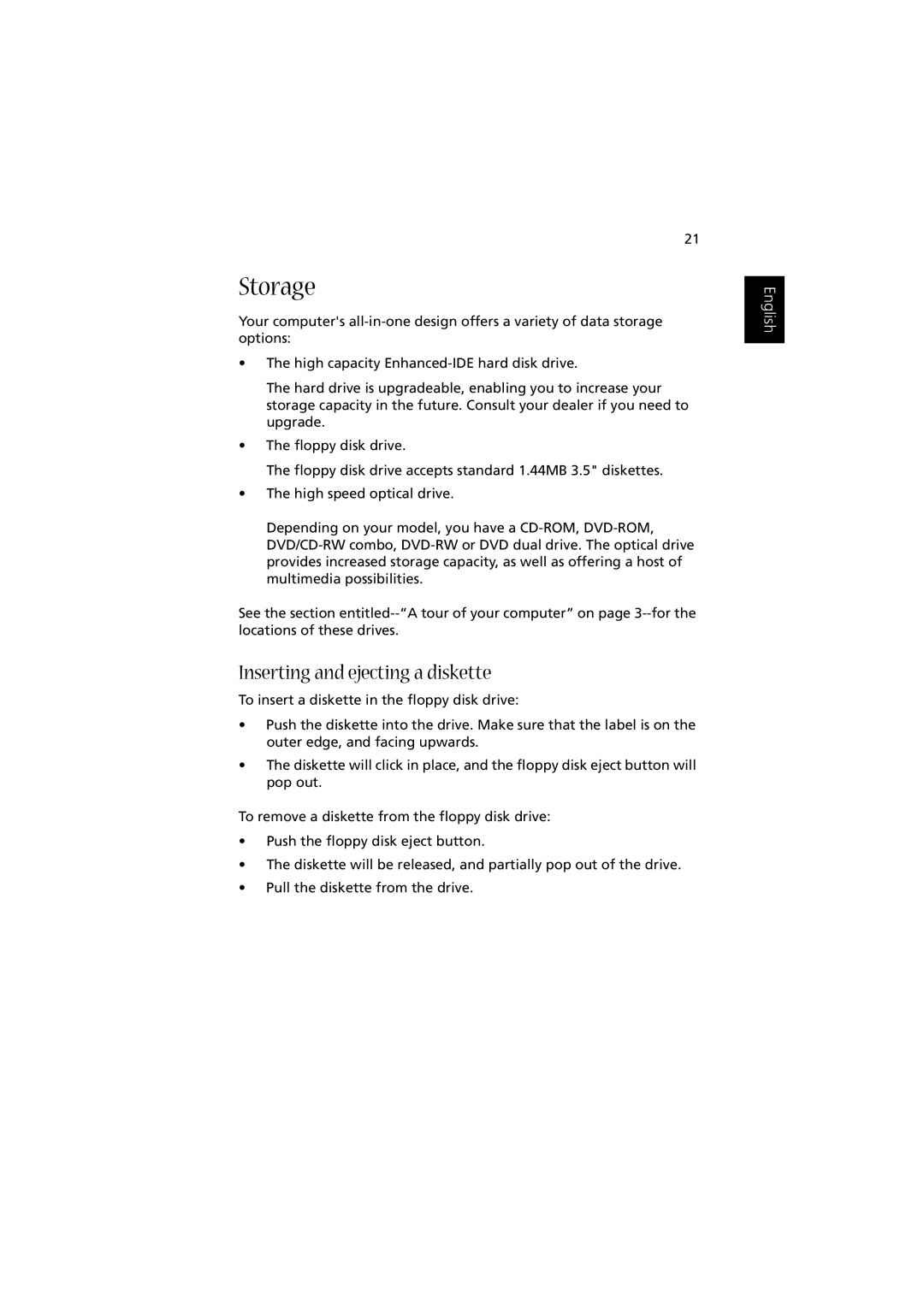 Acer Aspire 1350 manual Storage, Inserting and ejecting a diskette 