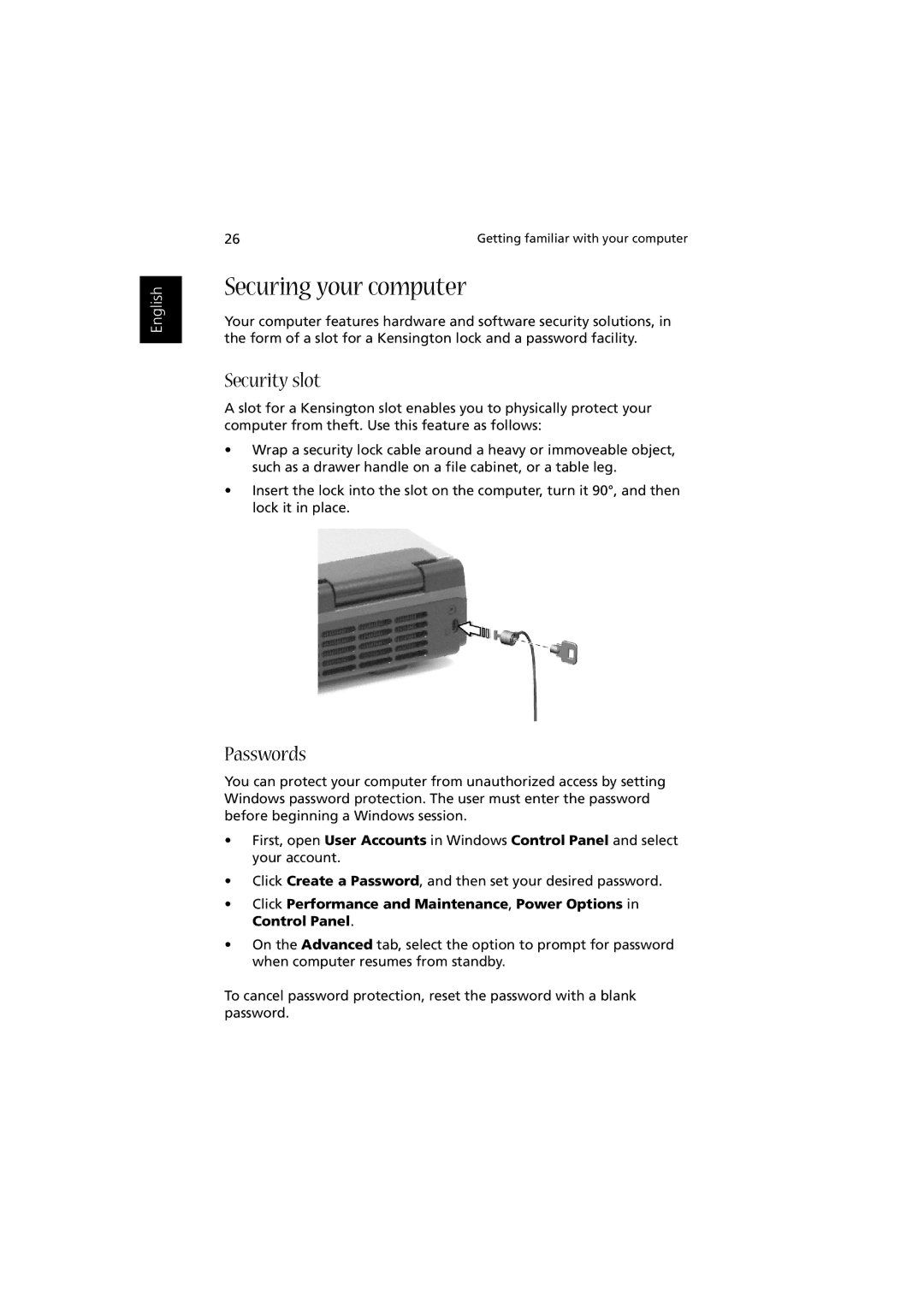 Acer Aspire 1350 manual Securing your computer, Security slot, Passwords 