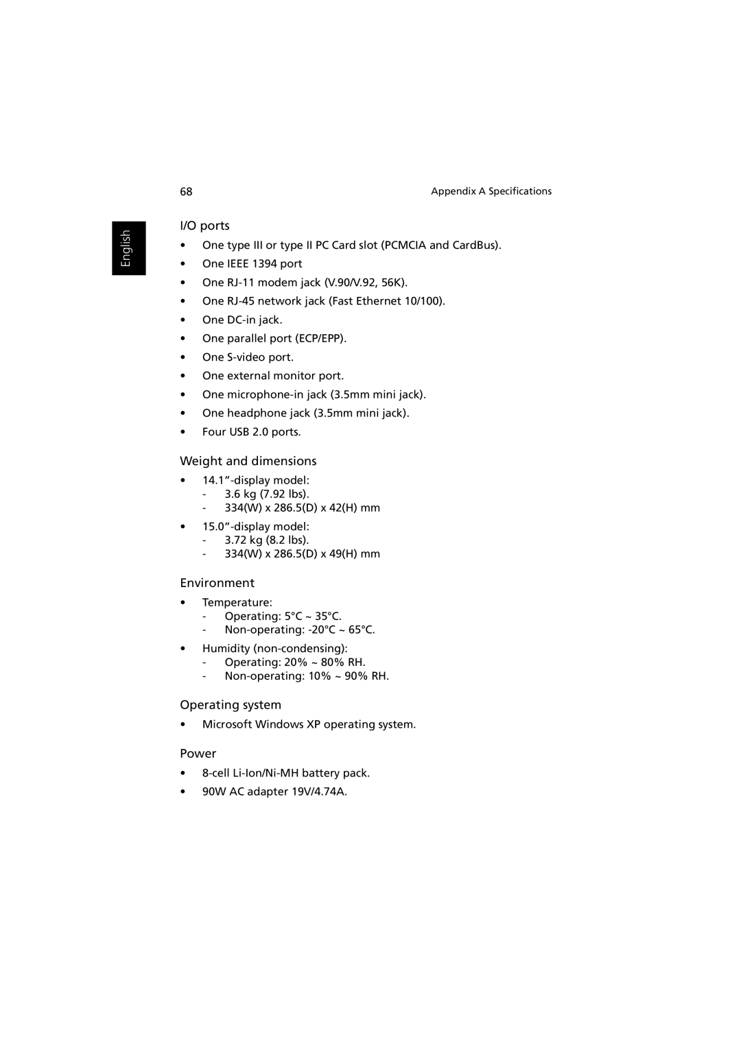 Acer Aspire 1350 manual Weight and dimensions 