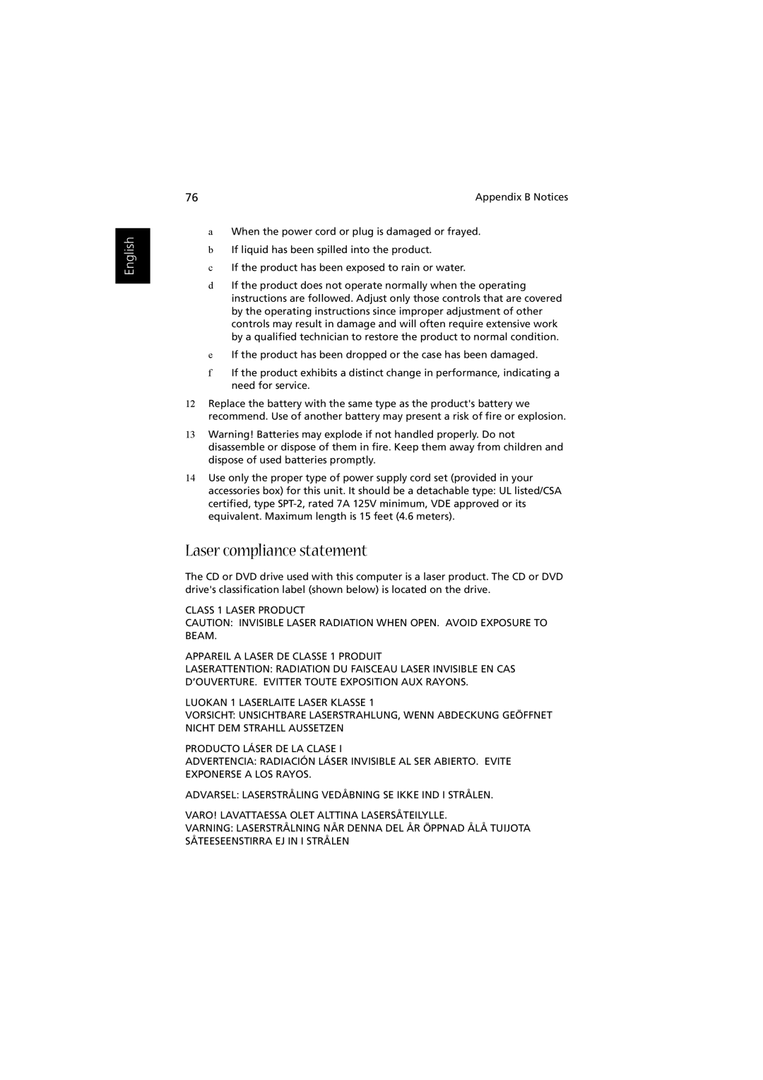 Acer Aspire 1350 manual Laser compliance statement 