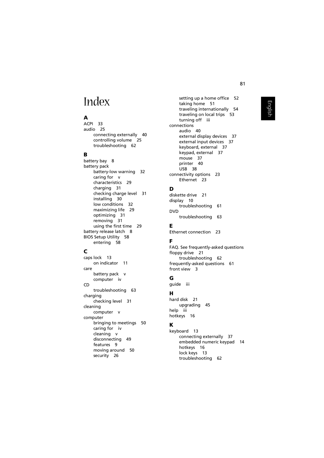 Acer Aspire 1350 manual Index 