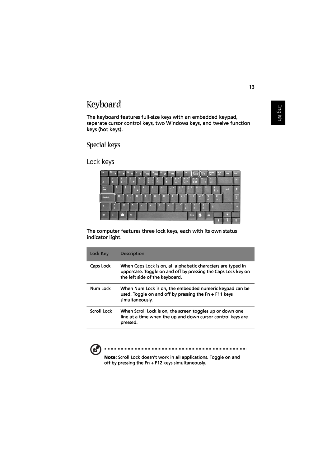 Acer Aspire 1350 manual Keyboard, Special keys, Lock keys, English 
