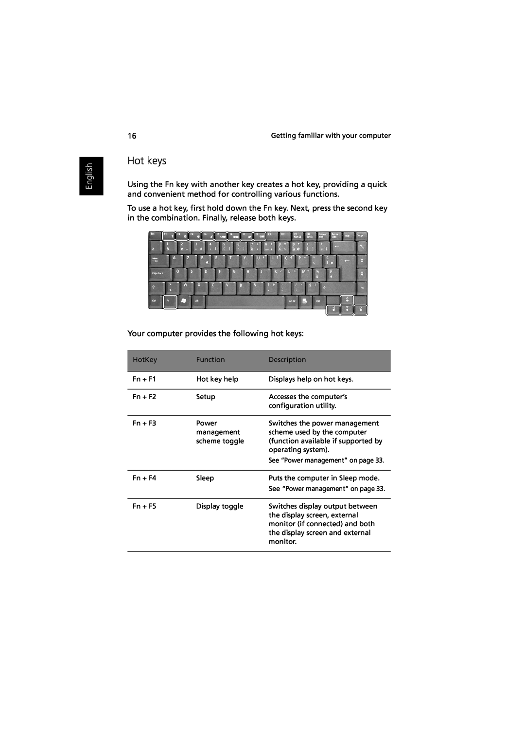 Acer Aspire 1350 manual Hot keys, English 