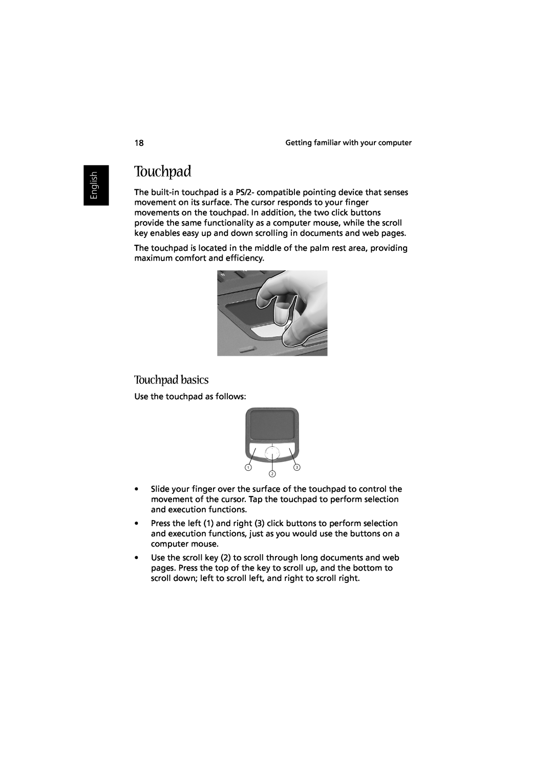 Acer Aspire 1350 manual Touchpad basics, English 