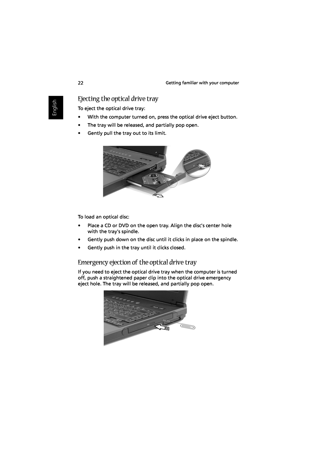 Acer Aspire 1350 manual Ejecting the optical drive tray, Emergency ejection of the optical drive tray, English 