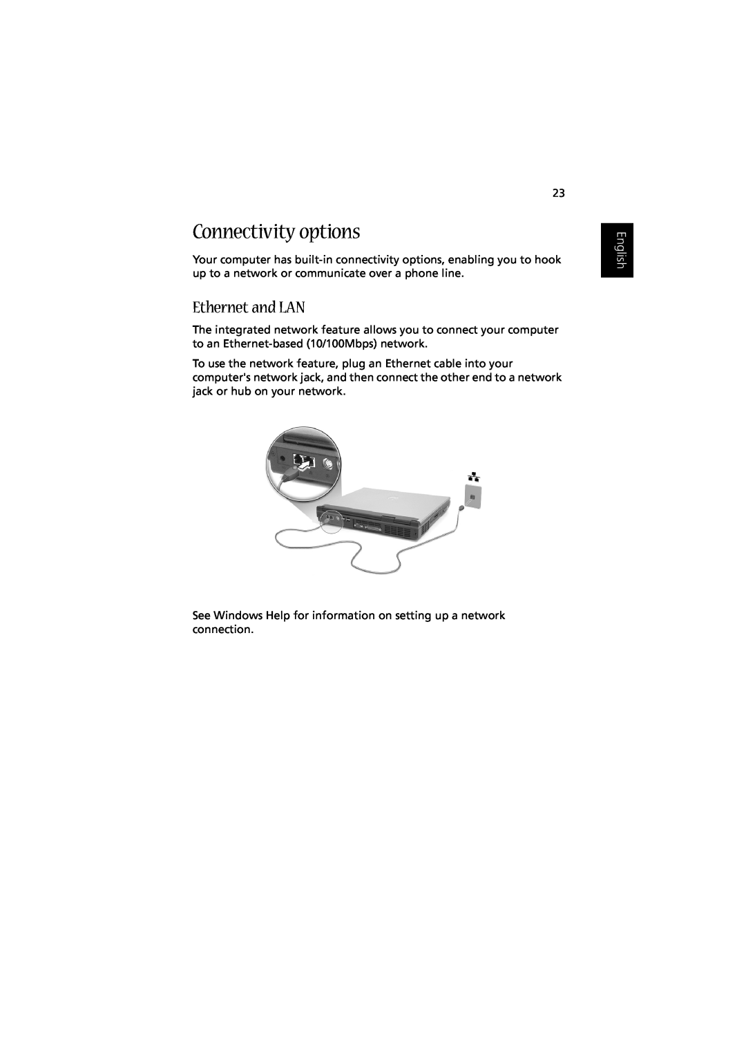 Acer Aspire 1350 manual Connectivity options, Ethernet and LAN, English 
