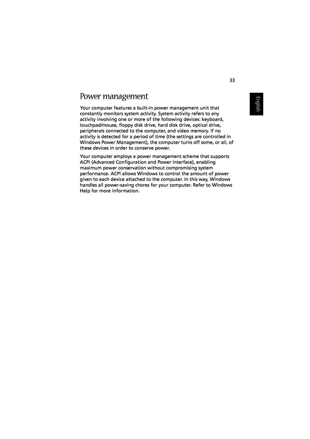 Acer Aspire 1350 manual Power management, English 