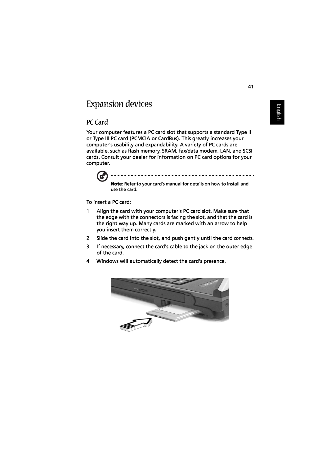 Acer Aspire 1350 manual Expansion devices, PC Card, English 