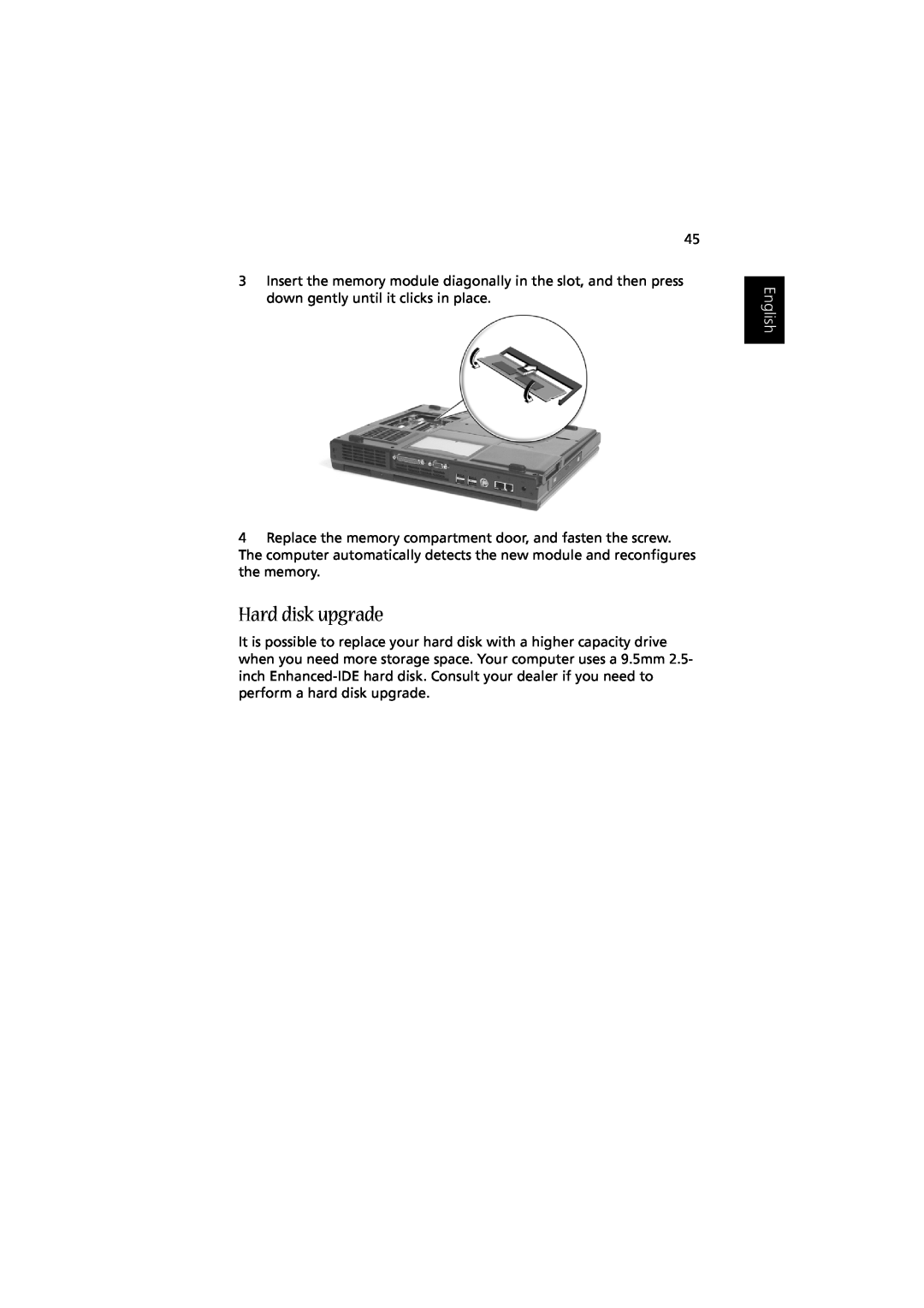 Acer Aspire 1350 manual Hard disk upgrade, English 