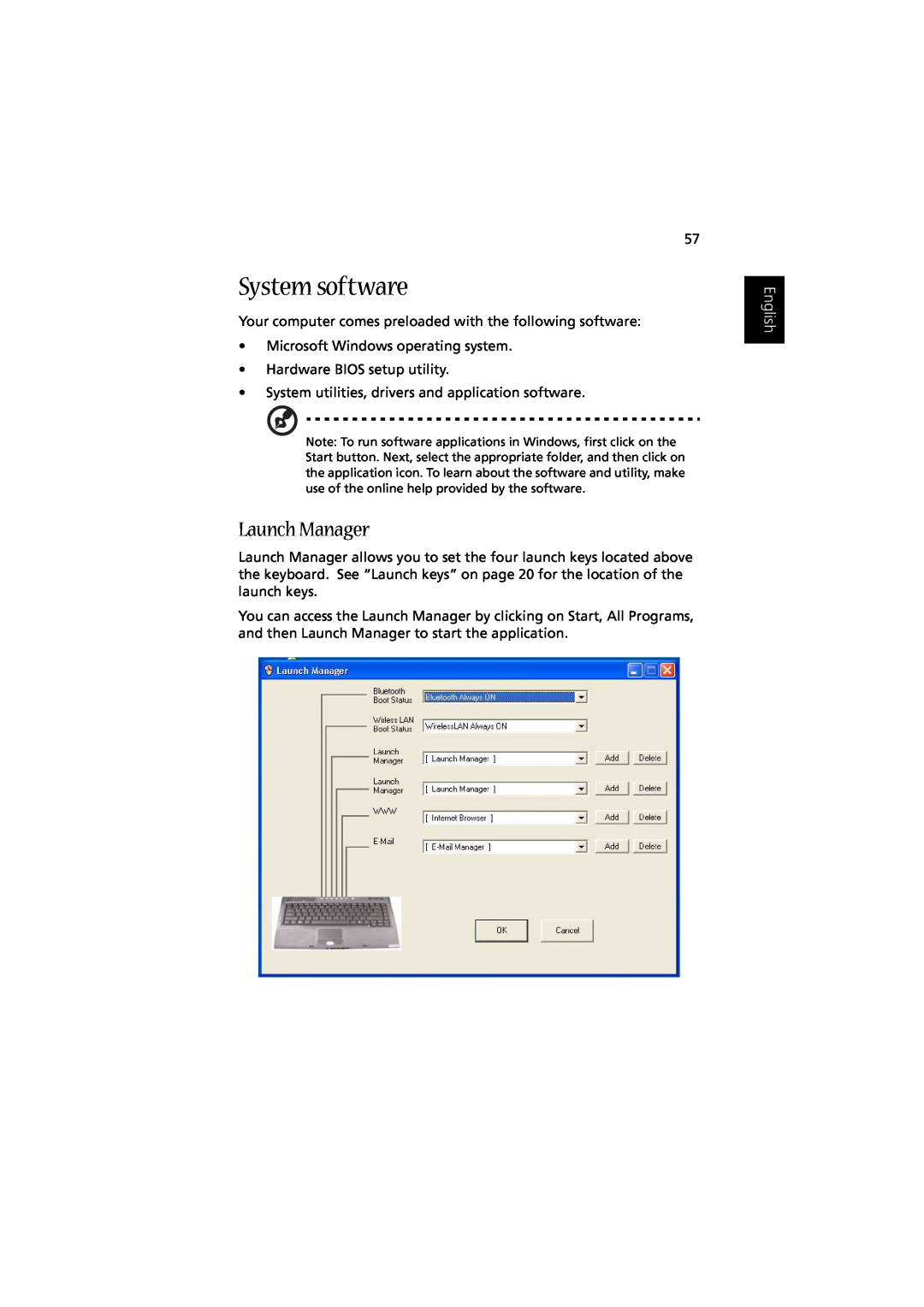Acer Aspire 1350 manual System software, Launch Manager, English 