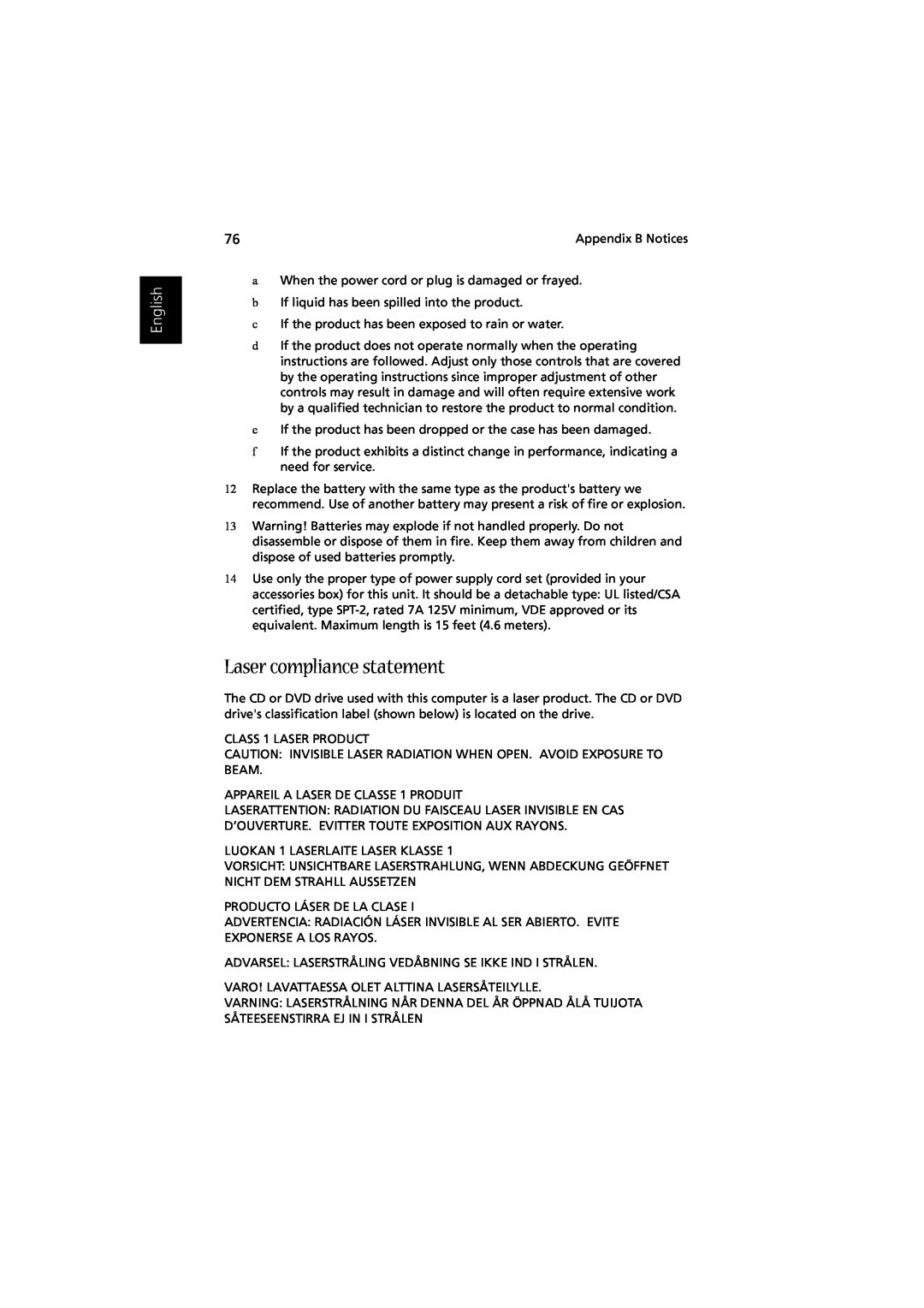 Acer Aspire 1350 manual Laser compliance statement, English 