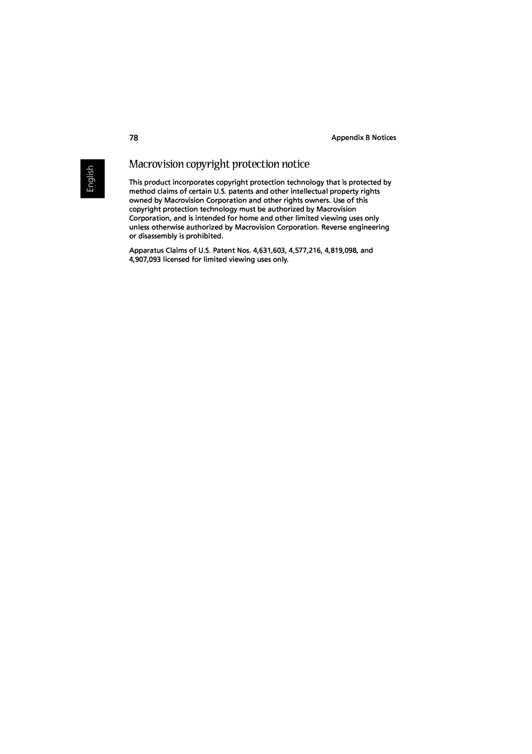 Acer Aspire 1350 manual Macrovision copyright protection notice, English 