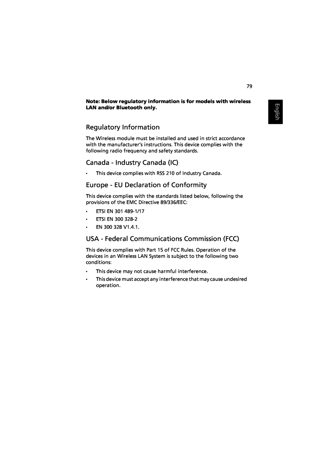 Acer Aspire 1350 manual Regulatory Information, Canada - Industry Canada IC, Europe - EU Declaration of Conformity, English 