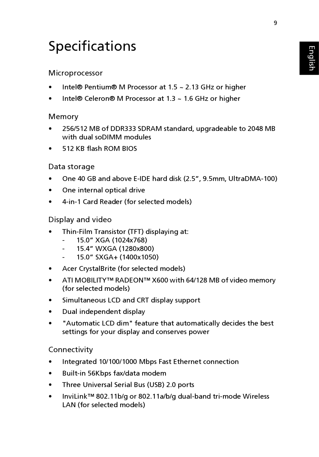 Acer Aspire 1690 manual Specifications, Microprocessor 