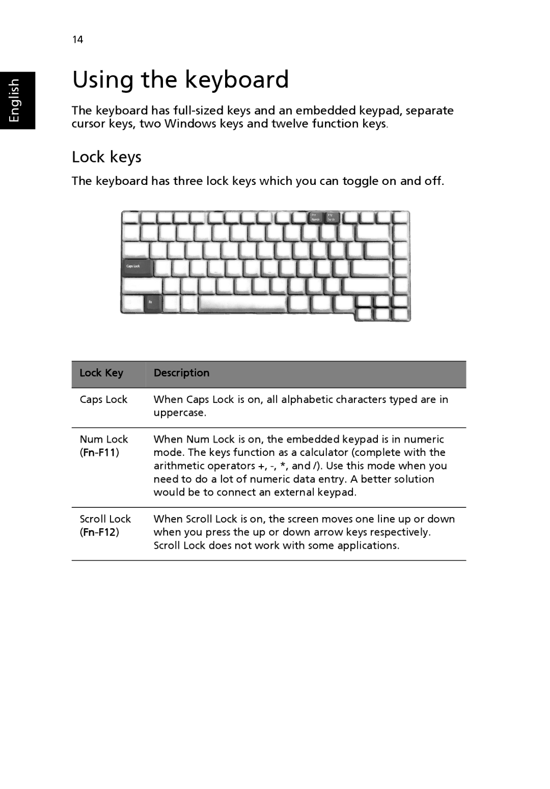 Acer Aspire 1690 manual Using the keyboard, Lock keys, Lock Key Description, Fn-F11, Fn-F12 