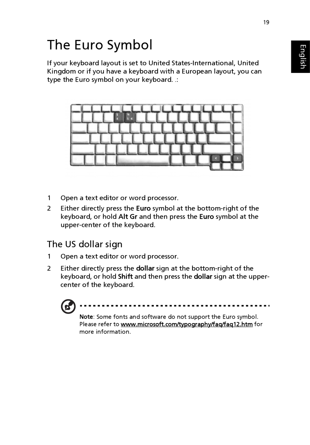 Acer Aspire 1690 manual Euro Symbol, US dollar sign 