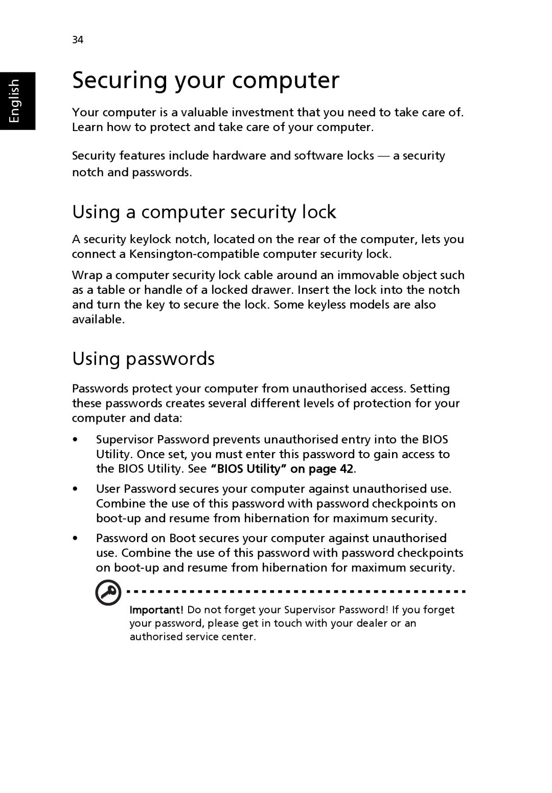 Acer Aspire 1690 manual Securing your computer, Using a computer security lock, Using passwords 