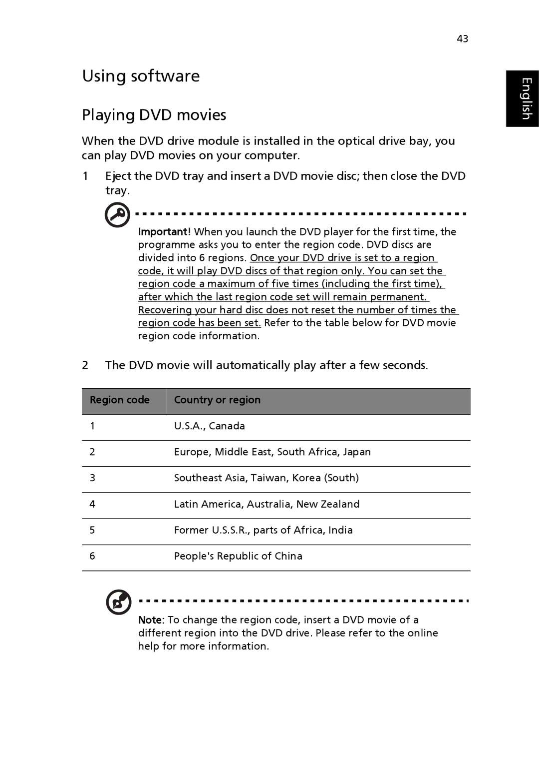 Acer Aspire 1690 manual Using software, Playing DVD movies, Region code Country or region 