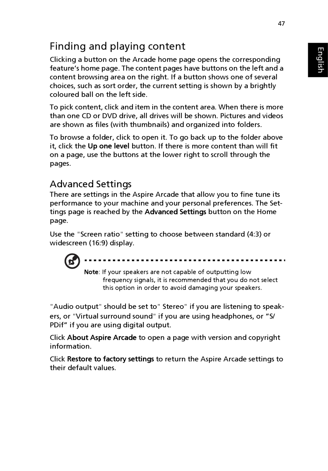 Acer Aspire 1690 manual Finding and playing content, Advanced Settings 