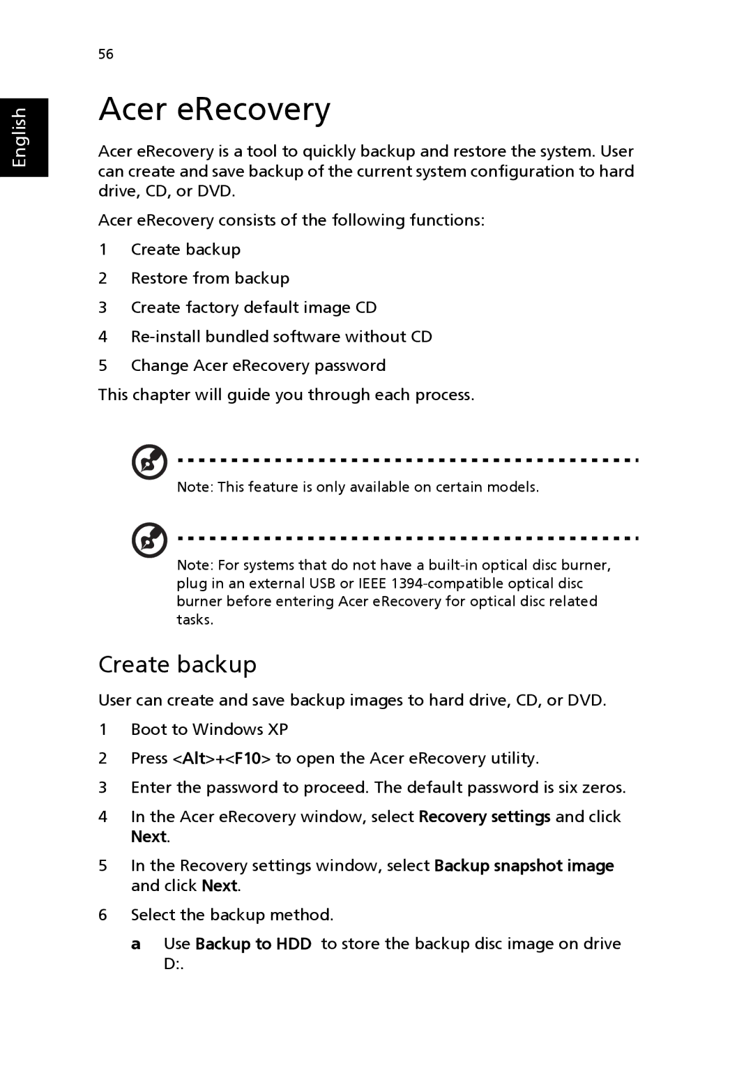 Acer Aspire 1690 manual Acer eRecovery, Create backup 