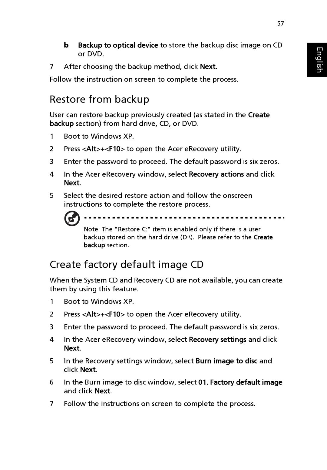 Acer Aspire 1690 manual Restore from backup, Create factory default image CD 