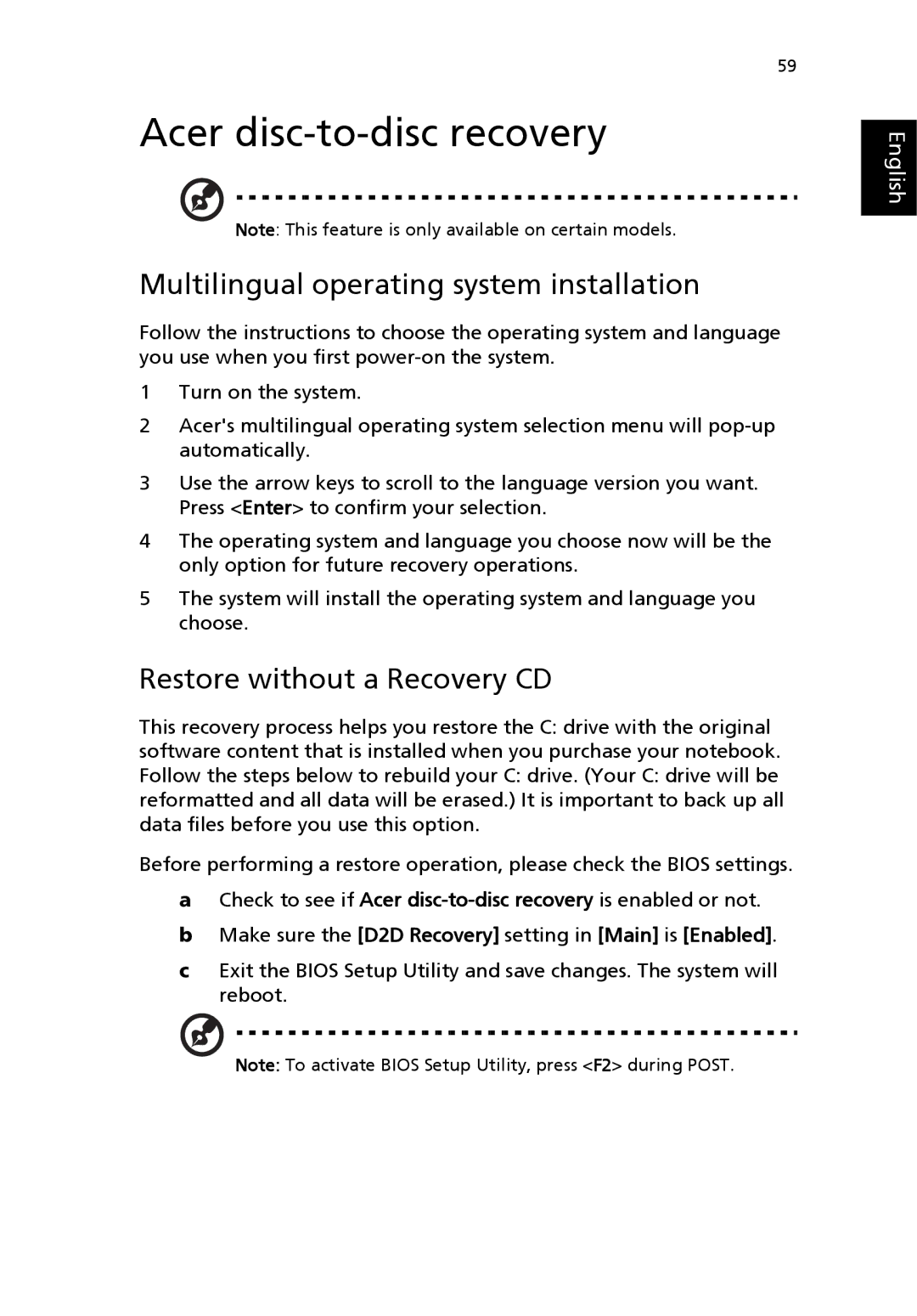 Acer Aspire 1690 Acer disc-to-disc recovery, Multilingual operating system installation, Restore without a Recovery CD 