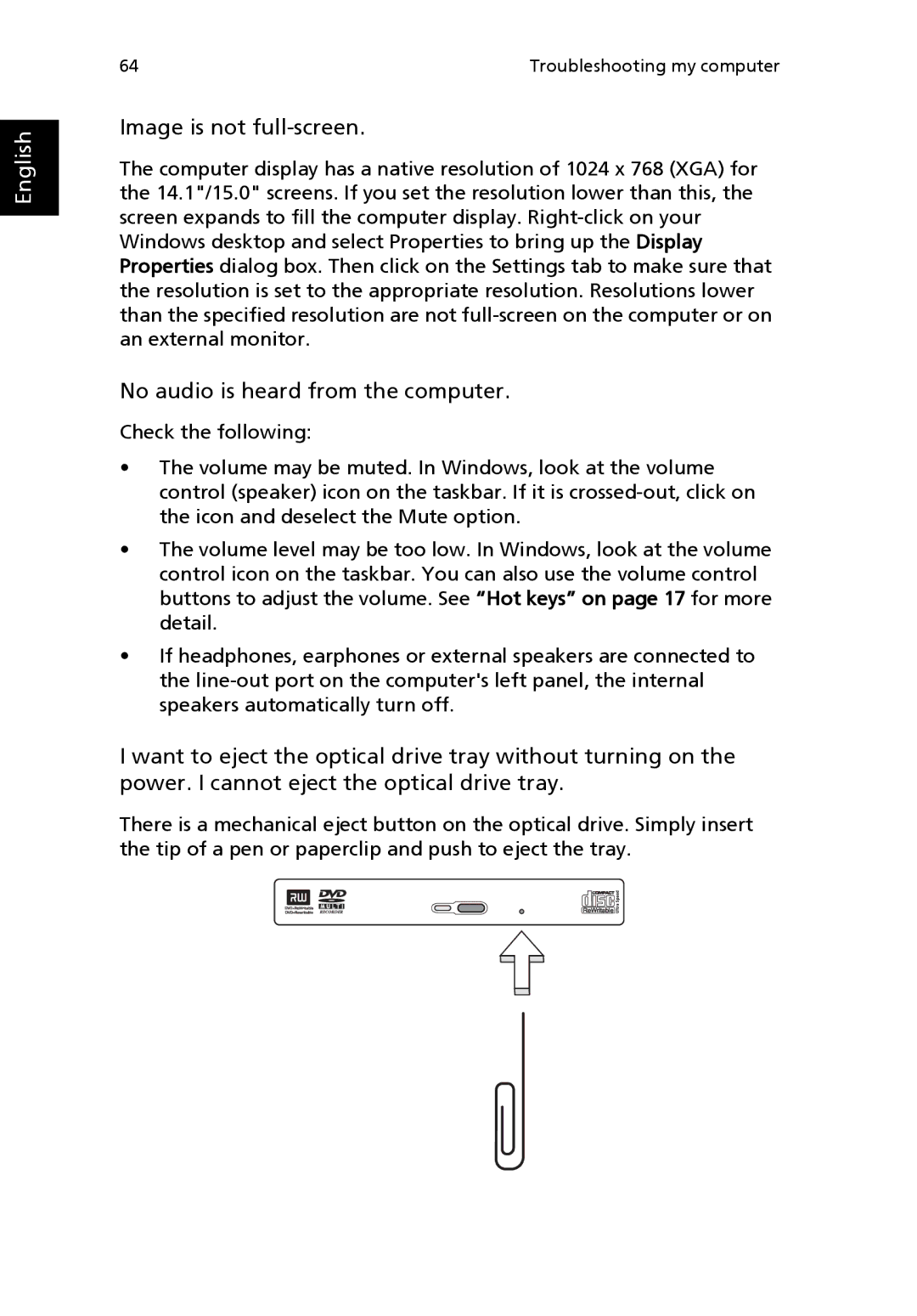 Acer Aspire 1690 manual Image is not full-screen 